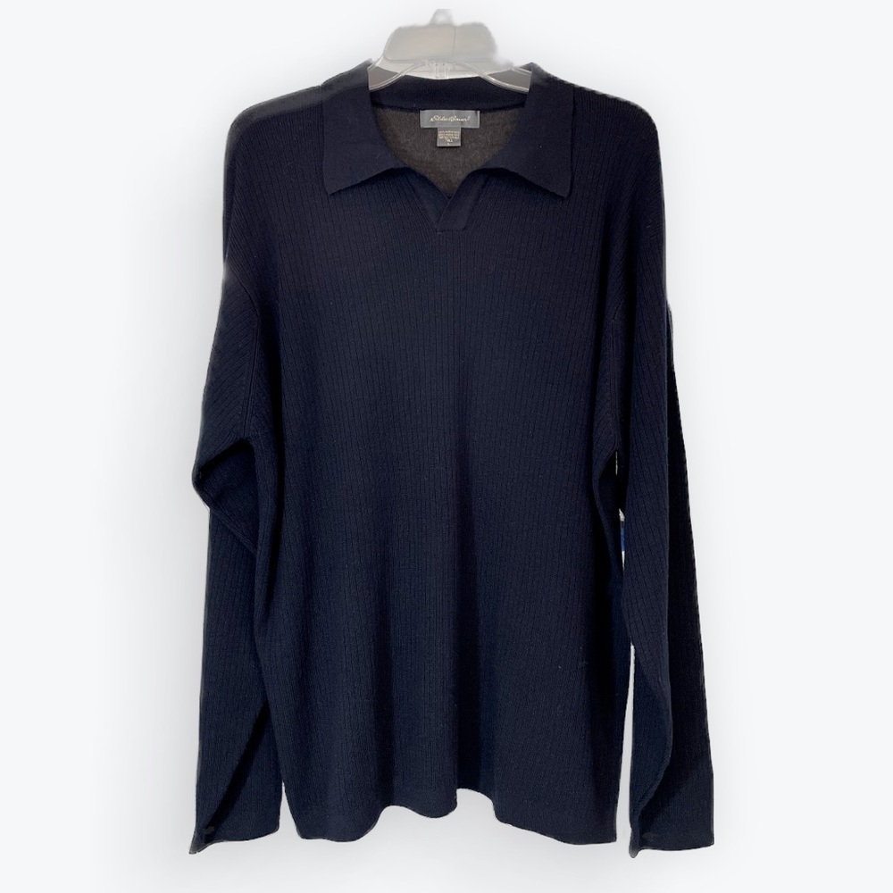 Eddie Bauer 100% Merino Wool Rib Knit Navy Blue pullover sweater Large Tall‌‌‌‌‌